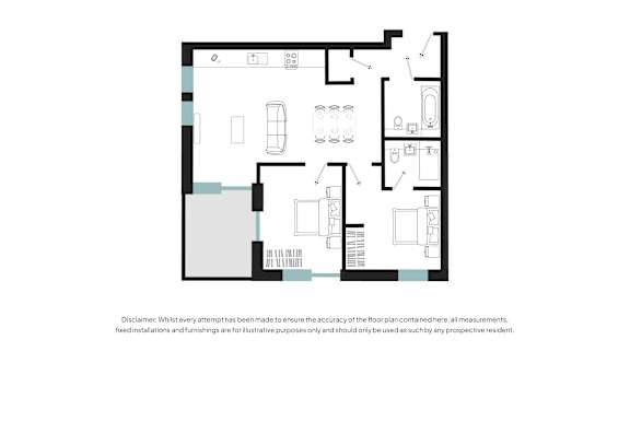 A floor plan of a house with a kitchen, living room, and two bedrooms.