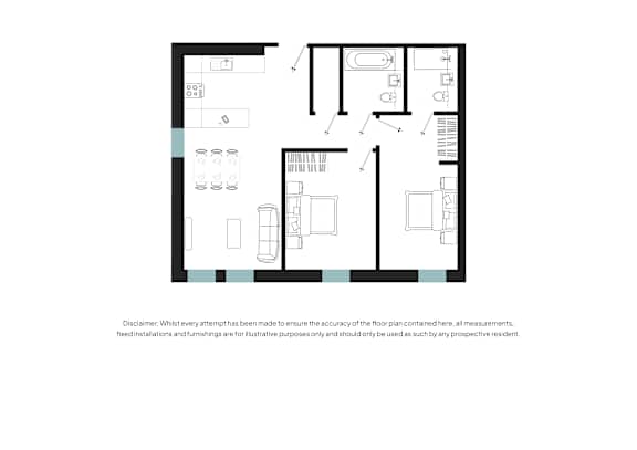 A floor plan of a house with a kitchen, living room, and two bedrooms.