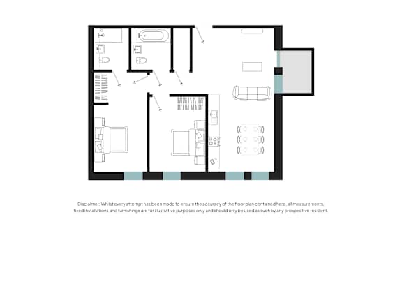 A floor plan of a house with a kitchen, living room, and two bedrooms.