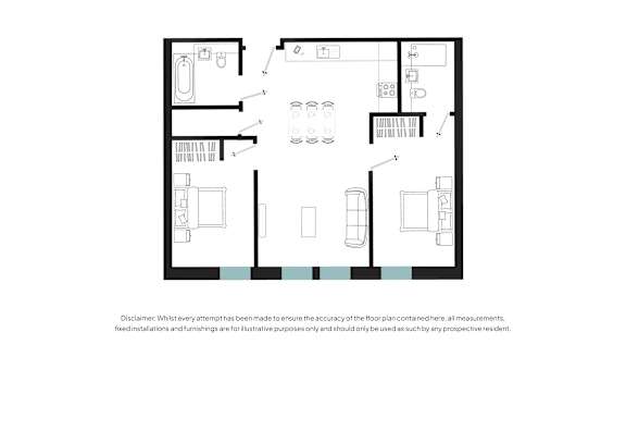 A floor plan of a house with a kitchen, living room, and two bedrooms.