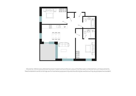 A floor plan of a house with a kitchen, living room, and two bedrooms.