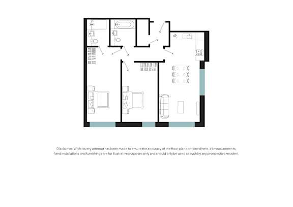 A floor plan of a house with a kitchen, living room, and two bedrooms.