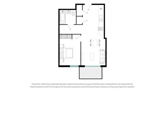 A floor plan of a house with a kitchen, living room, and two bedrooms.