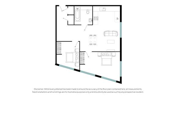 A floor plan of a room with furniture and appliances.