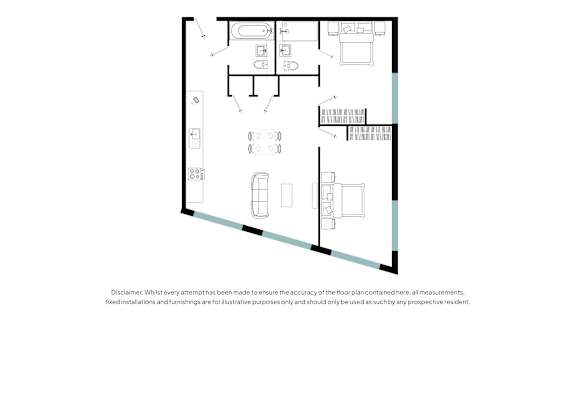 A floor plan of a house with a kitchen, living room, and bathroom.