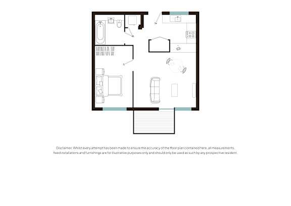 A floor plan of a house with a kitchen, living room, and two bedrooms.