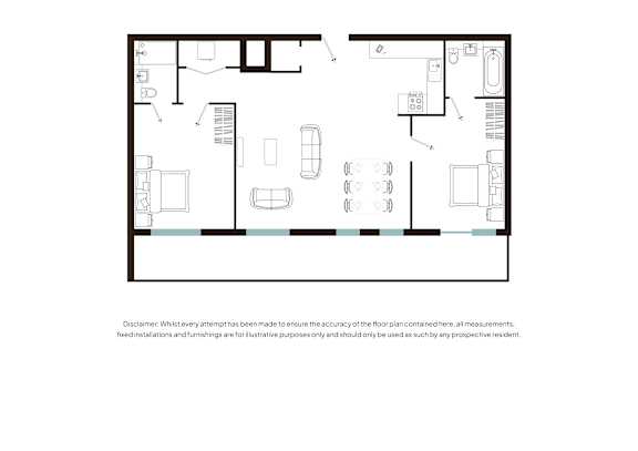 A floor plan of a house with a kitchen, living room, and bathrooms.