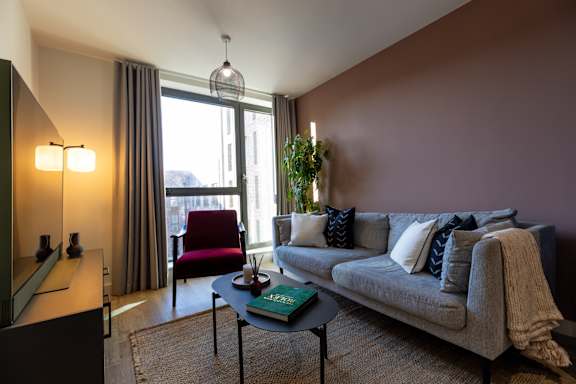 A living room with a grey couch, a red chair, and a green plant.