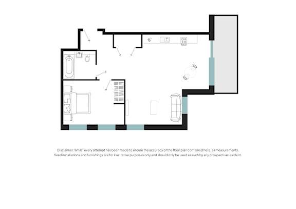 A floor plan of a house with a kitchen, living room, and two bedrooms.