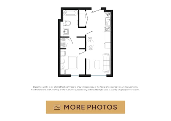 A floor plan of a property with a kitchen, living room, and two bedrooms.