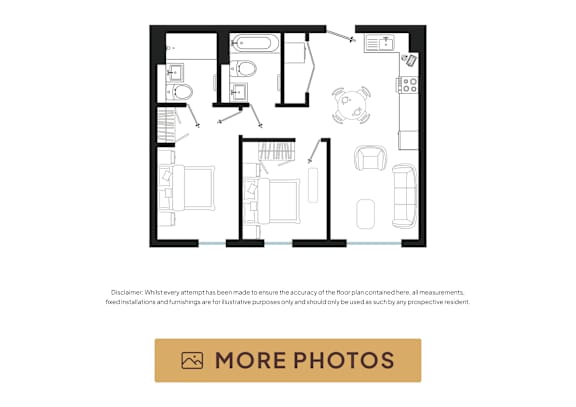 A black and white floor plan of a house with a kitchen, living room, and two bedrooms.