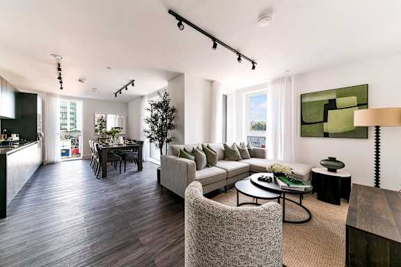a living room with a couch and a table