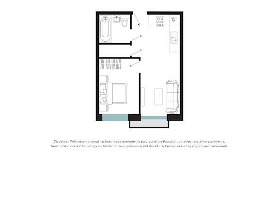 A floor plan of a room with a kitchen, living room, and bathroom.