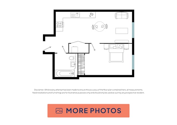 A floor plan of a house with a kitchen, living room, and bathroom.
