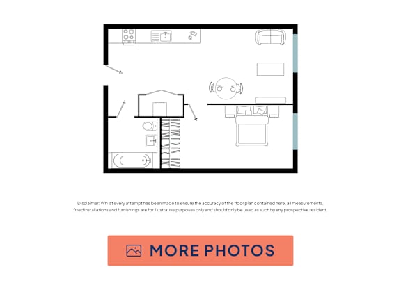 A floor plan of a house with a kitchen, living room, and bathroom.