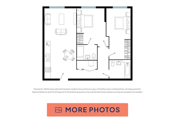 A floor plan of a house with a kitchen, living room, and two bedrooms.