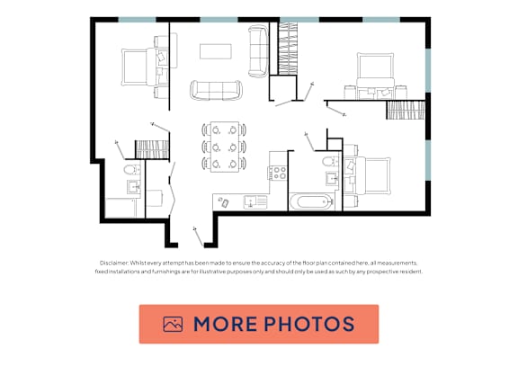 A floor plan of a house with a kitchen, living room, and bathrooms.