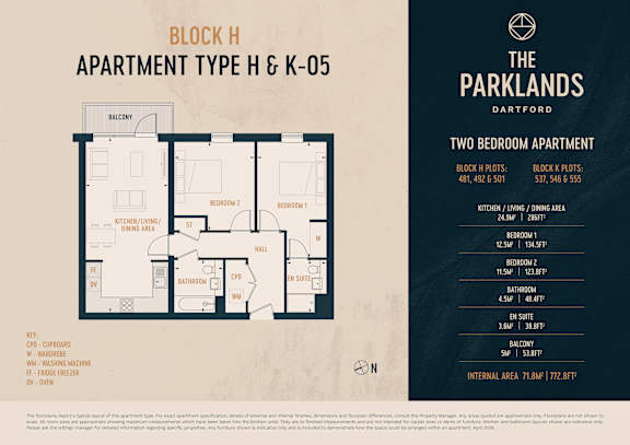 A floor plan for a two bedroom apartment at The Parklands.