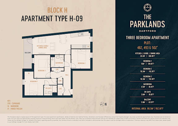 Apartment type H-09 floor plan for The Parklands in Dartford.