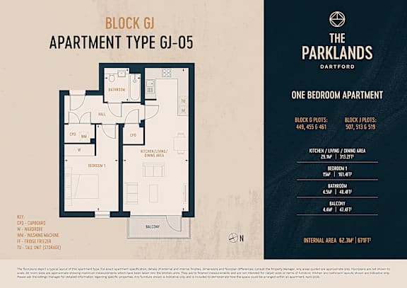 A floor plan for a one bedroom apartment at The Parklands in Dartford.