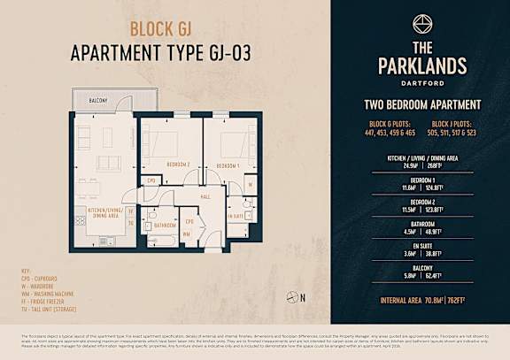 A floor plan for a two bedroom apartment at The Parklands in Dartford.