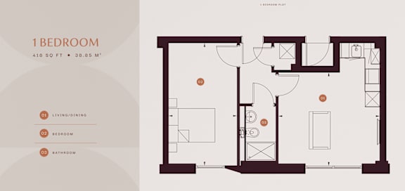 A floor plan of a 1 bedroom apartment sized at 418 square feet.
