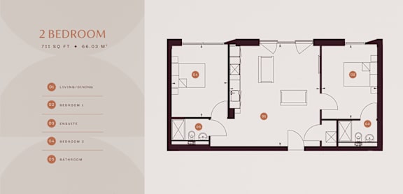 A 2 bedroom apartment is 711 square feet and 66.03 square meters.