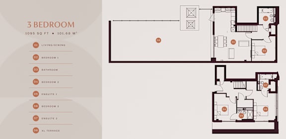 A 3 bedroom apartment is 1095 square feet in size.