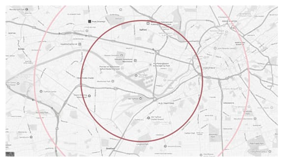A map of a city with streets and locations labeled.