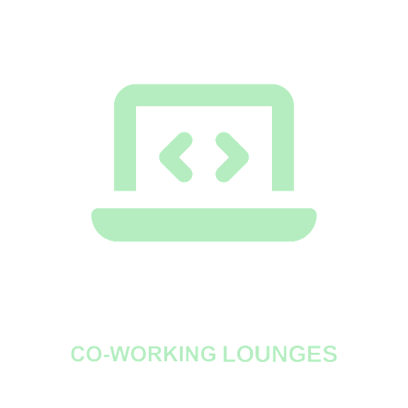 A graphic of a laptop with arrows pointing to the screen and the words "Co-working Lounges" below it.