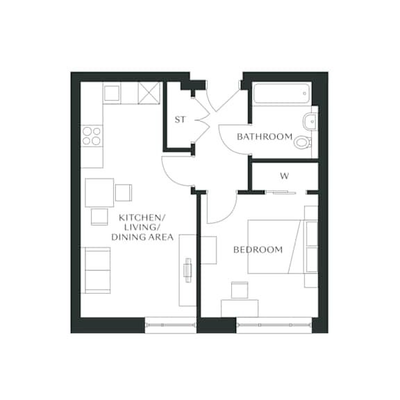 A floor plan of a house with a kitchen, living room, dining area, and two bedrooms.