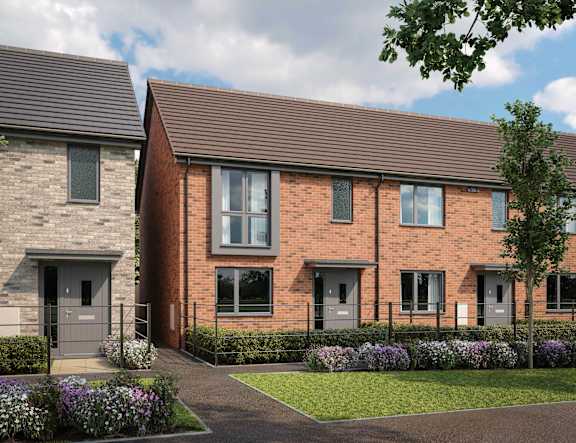 Floor Plan  A modern brick house with a grey front door and a small garden with purple flowers at The Foundry Apartments, Bordon