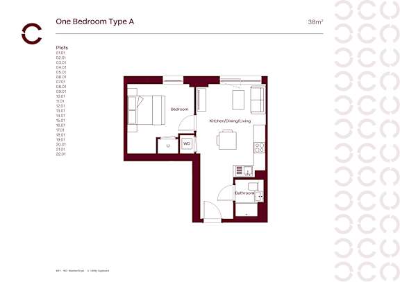 A floor plan of a One Bedroom Type A apartment with a kitchen, bathroom, and living room.