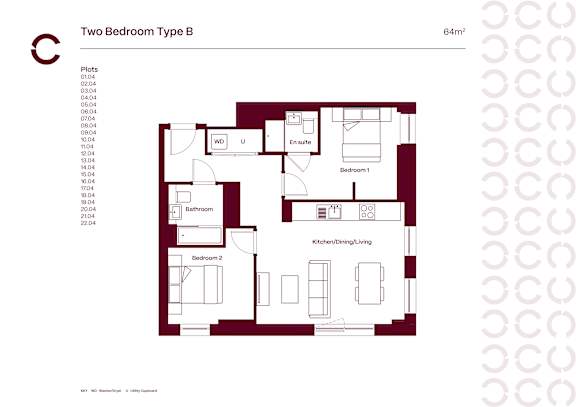 A floor plan of a two bedroom apartment with a kitchen and bathroom.
