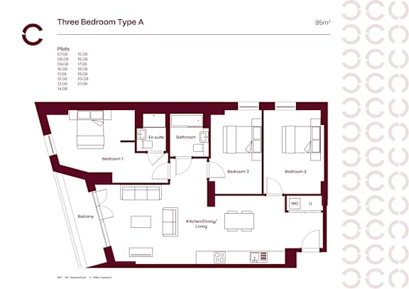 A floor plan for a three bedroom apartment is displayed.