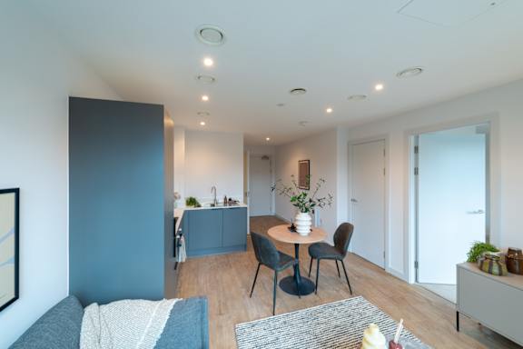A modern living room with a dining area and kitchen in the background.