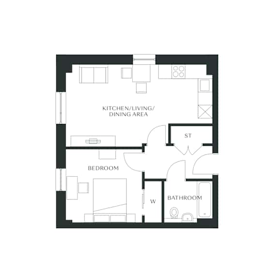 A floor plan of a house with a kitchen, living area, dining area, bedroom, and bathroom.