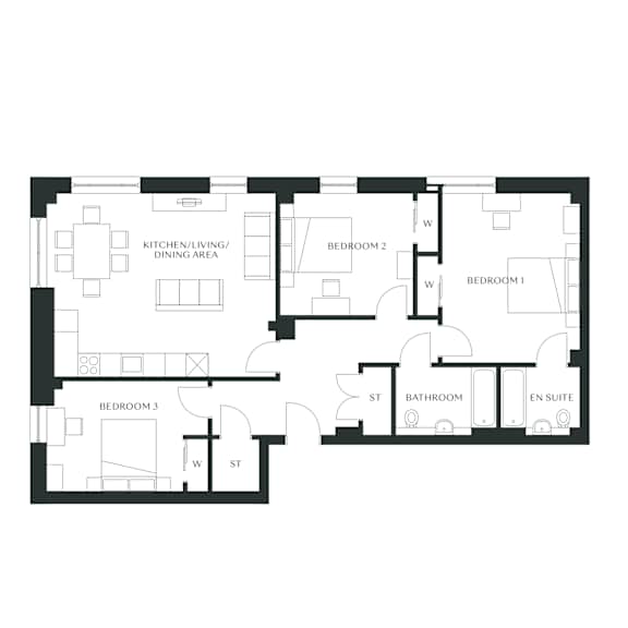 A black and white floor plan of a house with labeled rooms.