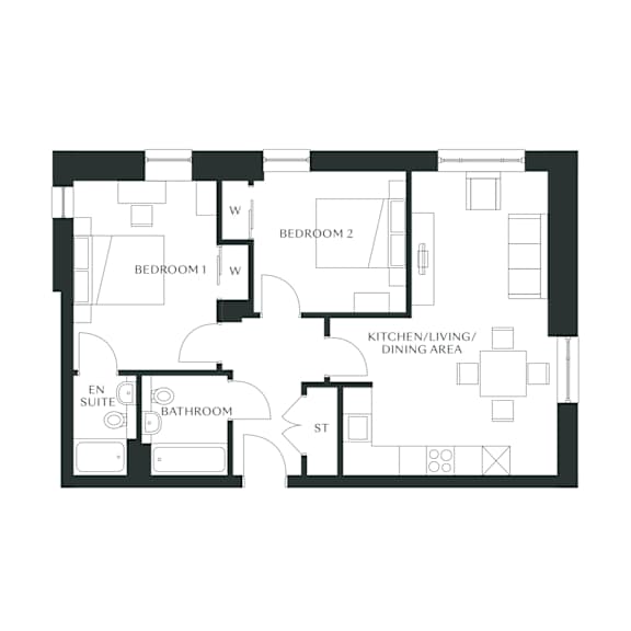A black and white floor plan of a house with two bedrooms, a bathroom, a kitchen, and a living area.