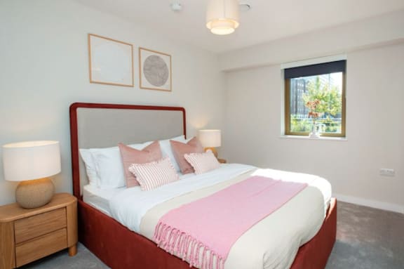A bedroom with a large bed and a window showing a view of a tree.