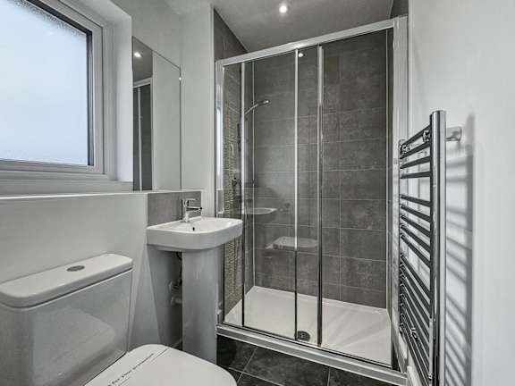 A modern bathroom with a walk-in shower and a toilet.