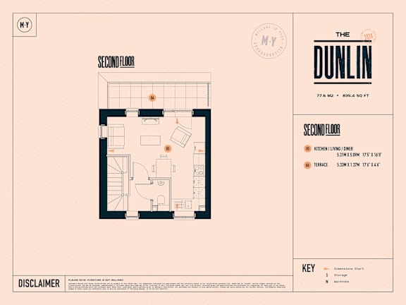 A floor plan for a second floor apartment with a kitchen, living room, and bathroom.