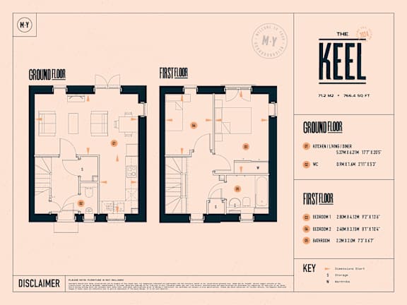 A floor plan for a property named The Keel, with dimensions of 71.2m2 or 76.64 sq ft, including ground and first floor layouts.