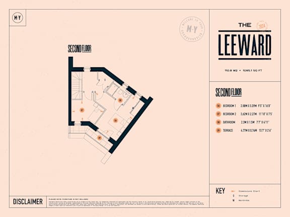 A floor plan for the second floor of The Leeward, showing room sizes and locations.