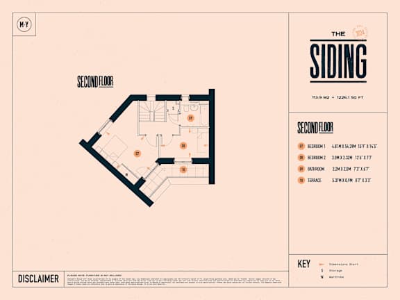 A map of a second floor layout with a key indicating the locations of bedrooms, a storage area, and a master suite.