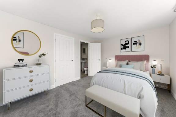 A bedroom with a white bed and a white bench at Origins Apartments, Cambridge, CB3 0UX