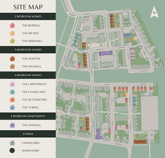 A site map shows the layout of a residential area with different colored buildings indicating the number of bedrooms. at Origins Apartments, Cambridge, CB3 0UX