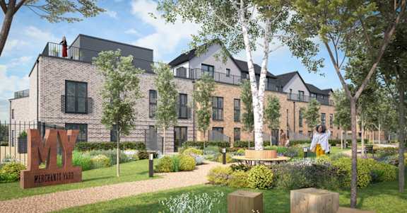 an artist impression of a building with a garden and trees