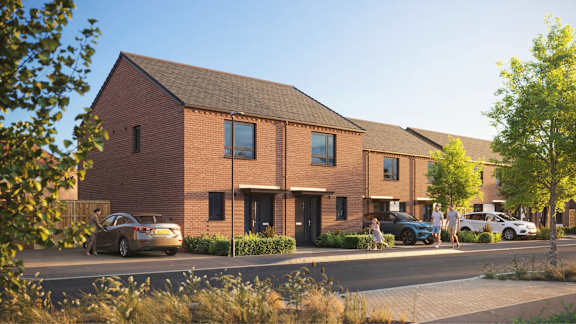 A row of houses with cars parked in front.