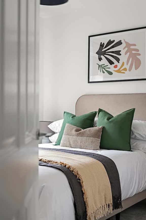 A bed with a white comforter and a black and white striped throw at The Woodlands Apartments, Milton Keynes, MK5 6GS